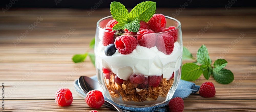 Poster fruit-topped yogurt parfait displayed in a vibrant setting with a blank space for an image. copy spa