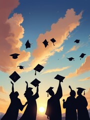 Graduation Caps Thrown in the Air. Graduation caps confetti. Flying students hats with golden ribbons isolated. University, college school education background. University caps student