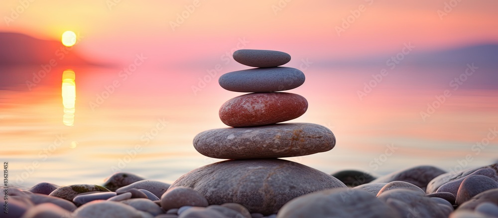 Poster zen stones stacked in a serene environment with a calming sunset backdrop, creating a sense of tranq