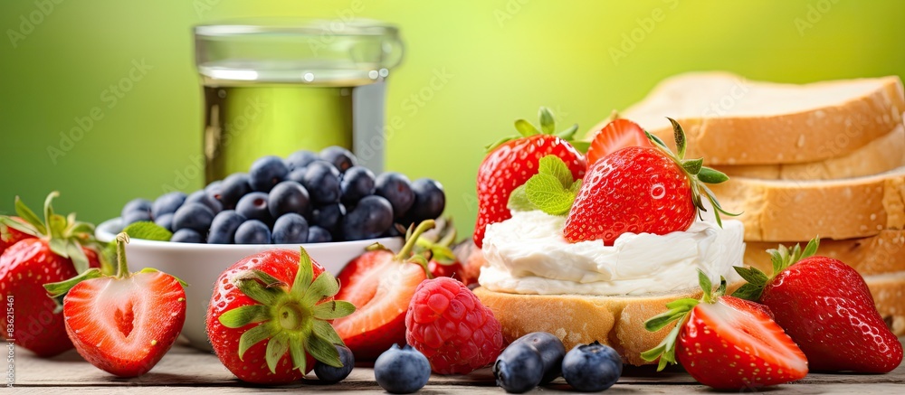Poster top view of a healthy breakfast featuring berries on toast against a white backdrop with ample copy 