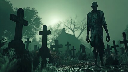 Bones and skulls emerging from a cemetery, a zombie rising in the dark