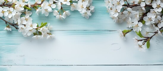 Floral blooms against a backdrop of a blue wooden surface create a charming composition with copy space image.