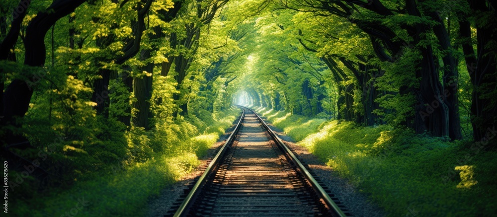 Poster autumnal scene of a railroad tunnel passing through a canopy of trees with vibrant foliage, creating