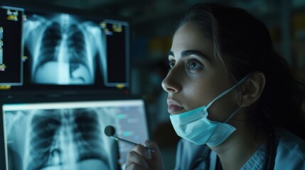 A young Hispanic female dentist in uniform examines dental X-rays with focused attention.