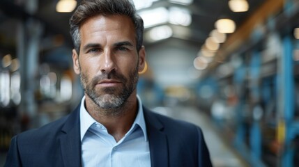 Obraz premium A confident businessman with grey hair and a beard wearing a suit, standing in a modern office environment with documents in hand.
