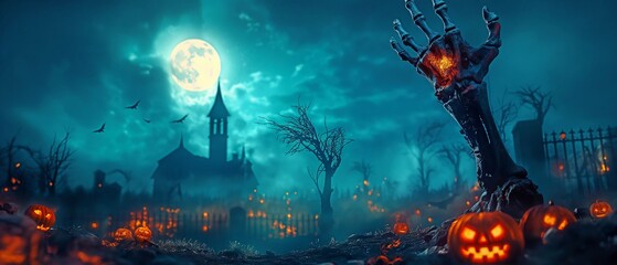 Obraz premium Halloween night, a zombie skeleton's hand emerges into the dark.