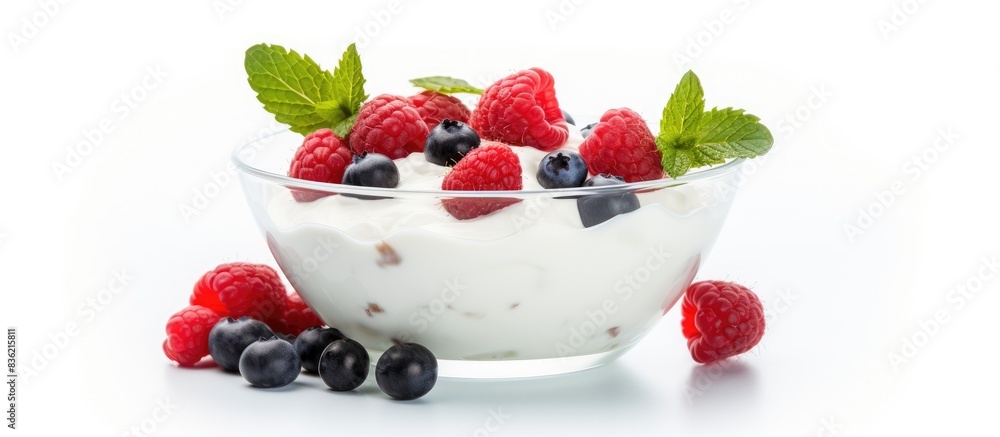 Poster yogurt with raspberries and blueberries in a transparent bowl on a white backdrop with copy space im