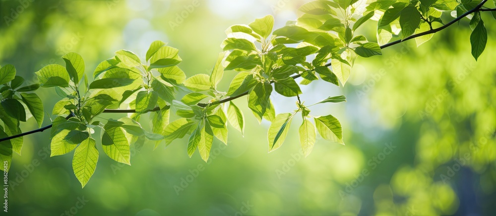 Poster sunny day in spring forest with tree branches and young leaves, featuring a blurred backdrop with co