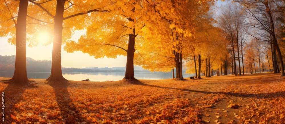 Poster autumn scenery with a large golden tree in a forest illuminated by sunlight on a sunny meadow, provi