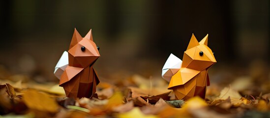 Origami cartoon squirrels on a branch with copy space image on a white background.