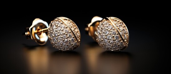 Vintage women's gold ring-shaped earrings with diamonds showcased on a white backdrop in a copy space image.