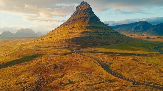 Aerial drone view of a winding highway around a majestic mountain during sunset with a dramatic sky.