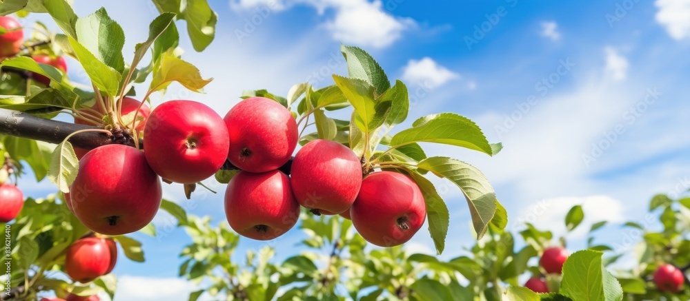Poster high quality photo featuring a close-up of an apple tree branch with ripe red apples, with a clear b
