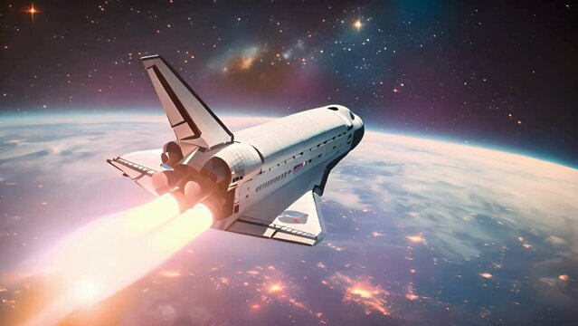  space shuttle in the vastness of outer space, with the Milky Way and numerous stars providing a dazzling backdrop. Earth is partially illuminated below
