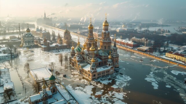 Aerial view of a flooded Nerl river sweeping around the Church of the Intercession, with golden domes glistening.