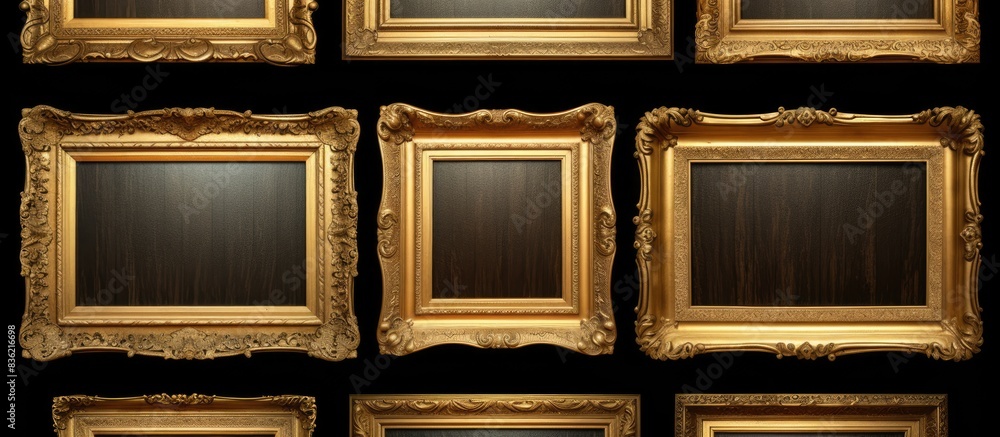 Poster golden vintage frames lined up on a clean white backdrop for displaying paintings, mirrors, or photo