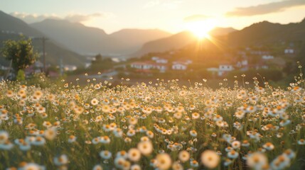 Sunset over a field of blooming daisies with a mountainous backdrop and a village in the distance.