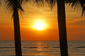 Landscape Tranquil scene of big red sun and orange sky sunset over the sea and silhouette coconut tree at pattaya Thailand.