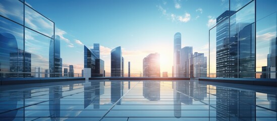 Skyscrapers and high-rise buildings with modern architecture reaching towards the sky, illuminated by the sun, symbolizing financial and economic concepts, ready for a copy space image.