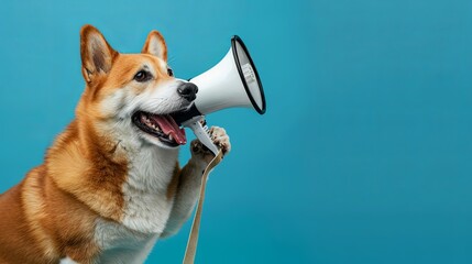 Ginger dog holding a white megaphone, isolated on blue background. Communication concept.