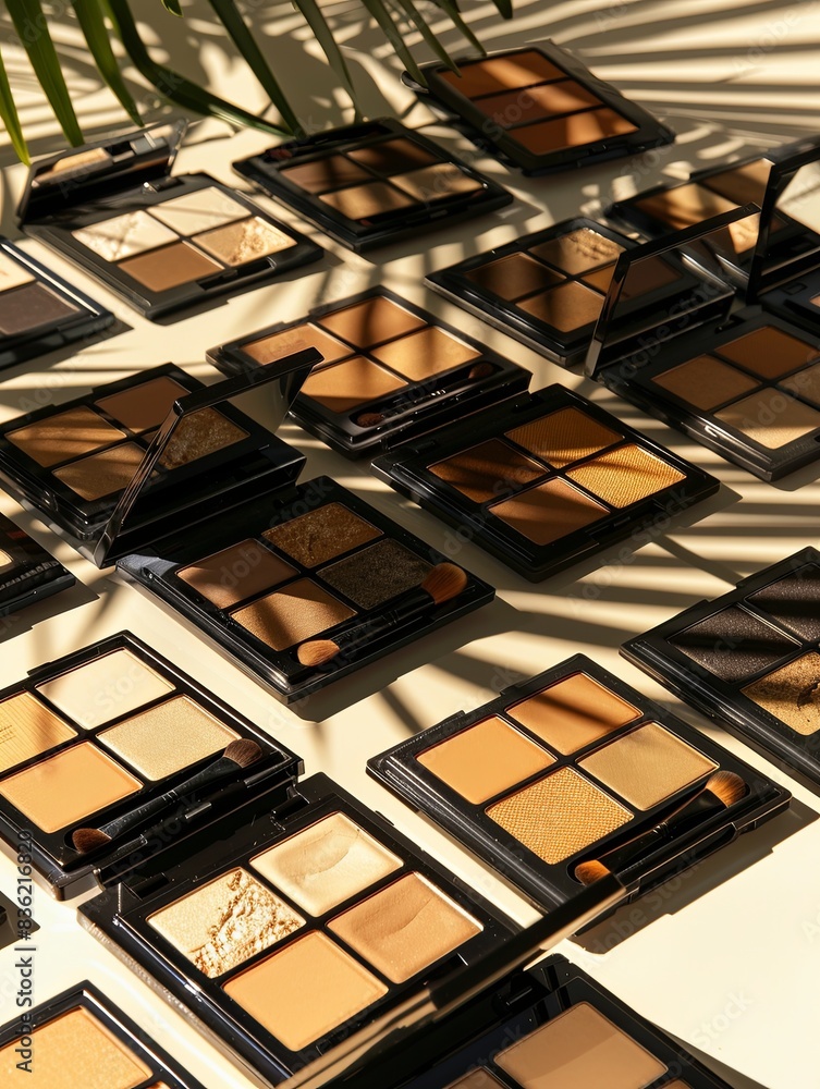 Aufkleber A collection of contouring palettes and highlighters arranged on a light surface, casting shadows from overhead light. Generative AI