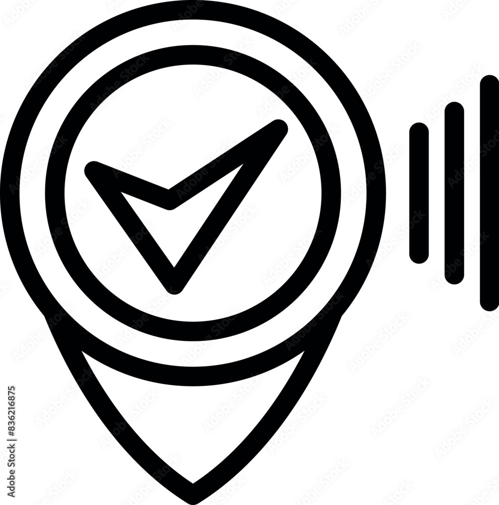 Poster simplified line art map pin icon with a checkmark, ideal for navigation and location concepts