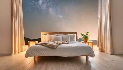 3d rendering of bedroom with cozy low bed at night with starry sky,bed, bedroom, room, hotel, interior, pillow, furnitur