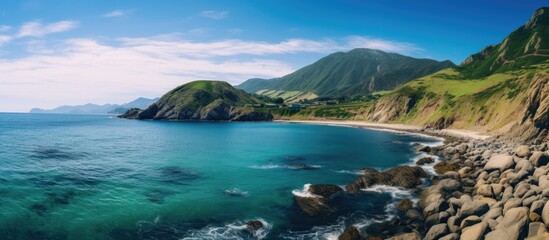 Fototapeta premium A scenic beach with a mountain backdrop and a tranquil blue bay; ideal for a relaxing vacation. Copy space image. Place for adding text and design