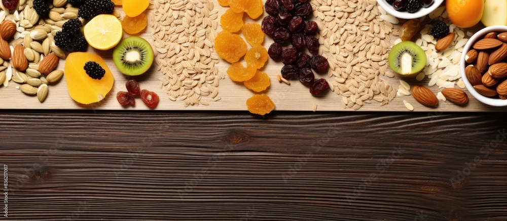 Poster various granola bars displayed on a white marble surface with room for text or images in the shot. s