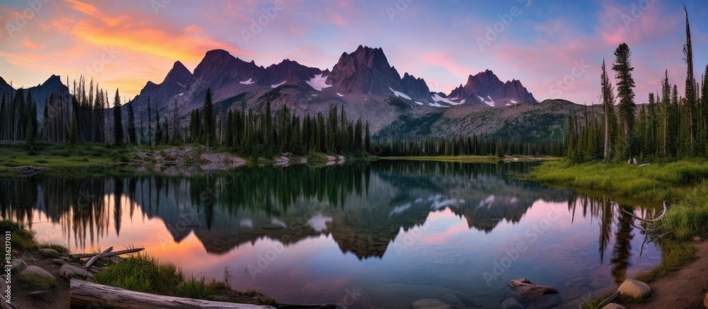 Wall mural scenic idaho mountain lake with a raft and a person fishing, offering a beautiful backdrop with copy