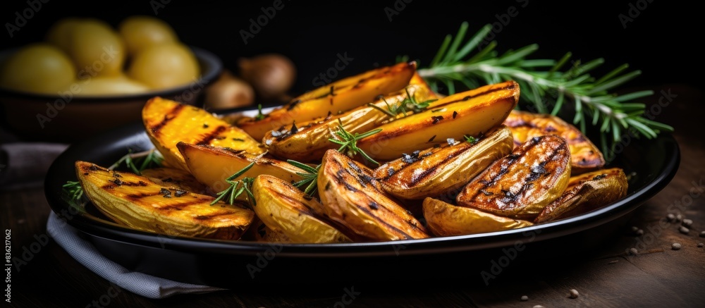Poster baked potato wedges in a frying pan over a dark stone backdrop in a top view with a copy space image
