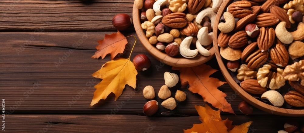 Poster different types of nut kernels like walnuts, hazelnuts, cashews, almonds, and pecans are displayed o