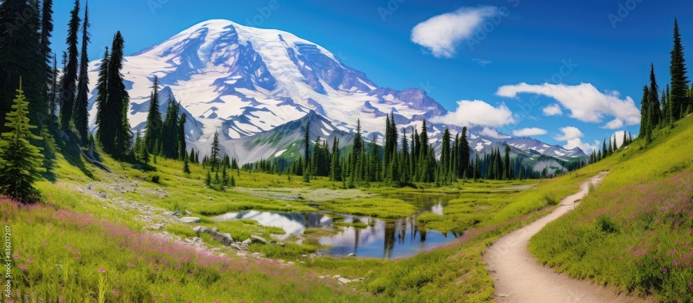 Poster scenic view of trees and mountains set against a white backdrop with copy space image.