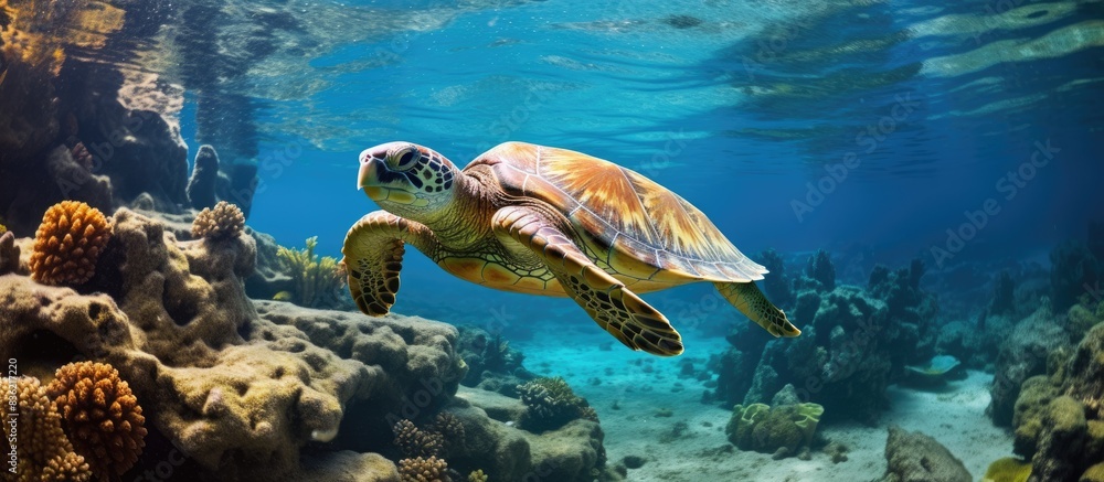Poster aquatic turtle in a natural environment with copy space image.