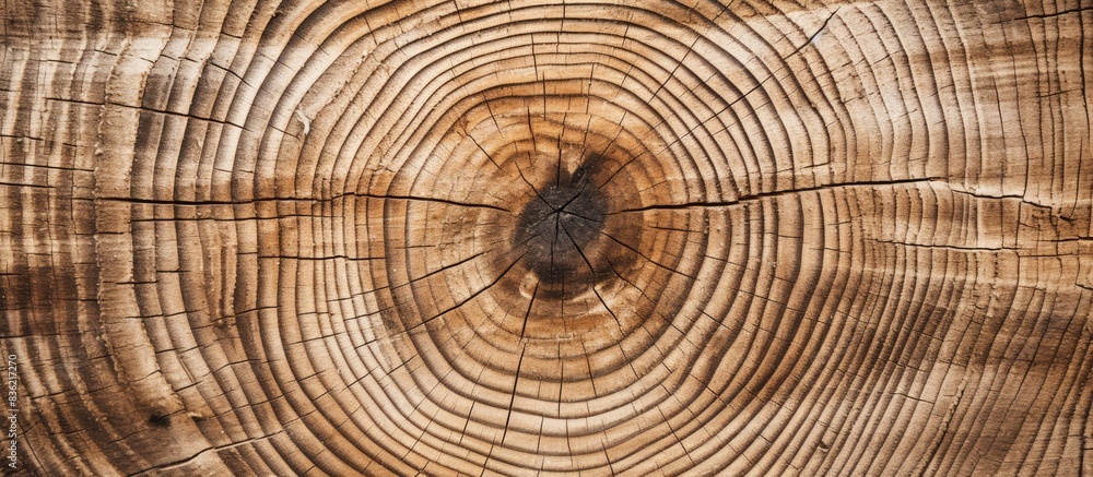 Wall mural the remaining part of an oak tree that was cut down, displaying visible annual rings - a copy space 