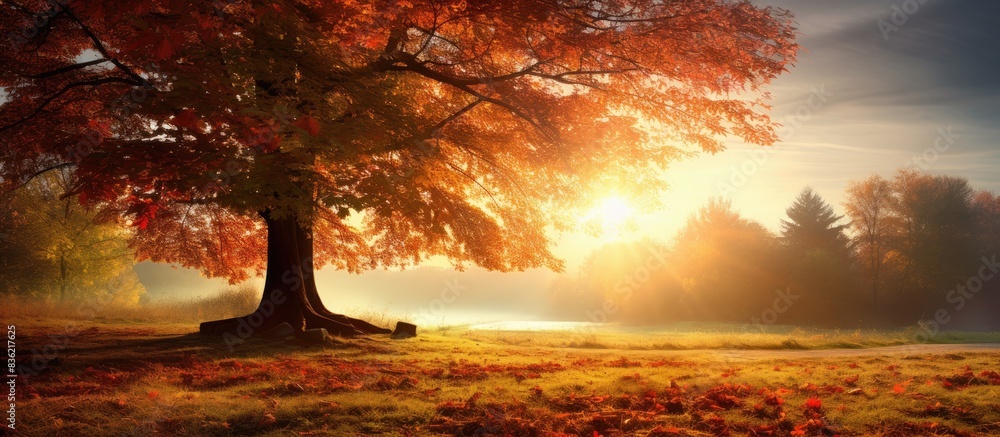Poster autumn scenery featuring a large oak tree with vast copy space image.