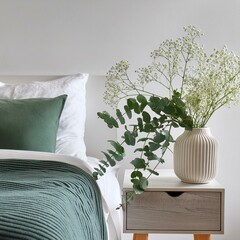eucalyptus and gypsophila in vase in white bedroom,room, interior, bed, home, bedroom, sofa, furniture, hotel, pillow
