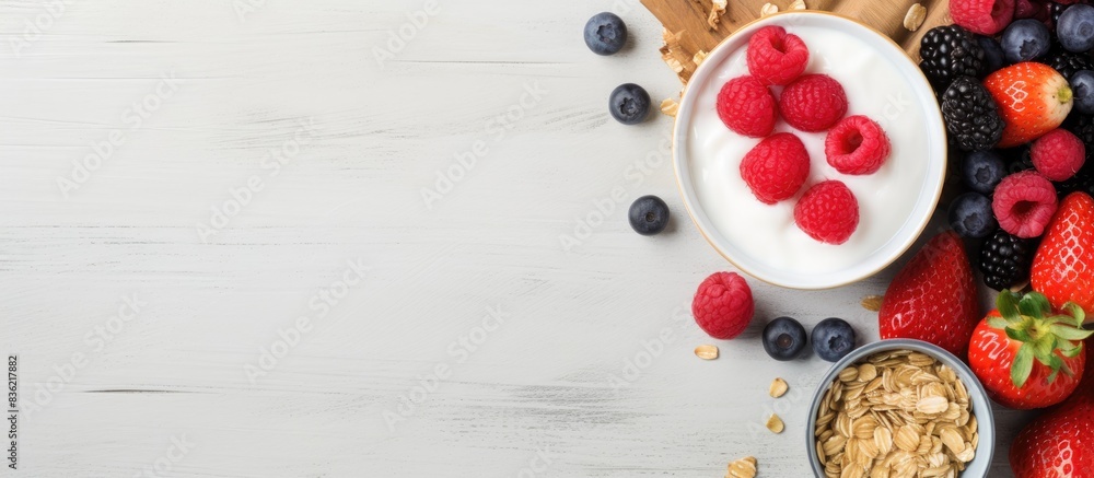 Canvas Prints Nutritious breakfast featuring cornflakes, berries, nuts, and fruits with a visually appealing copy space image.