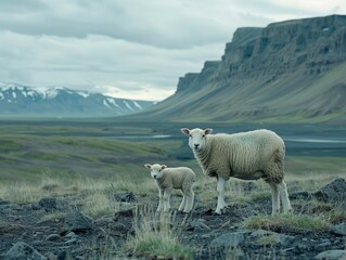 A sheep and her lamb stand amidst rocky terrain with mountains under a cloudy sky in the background.