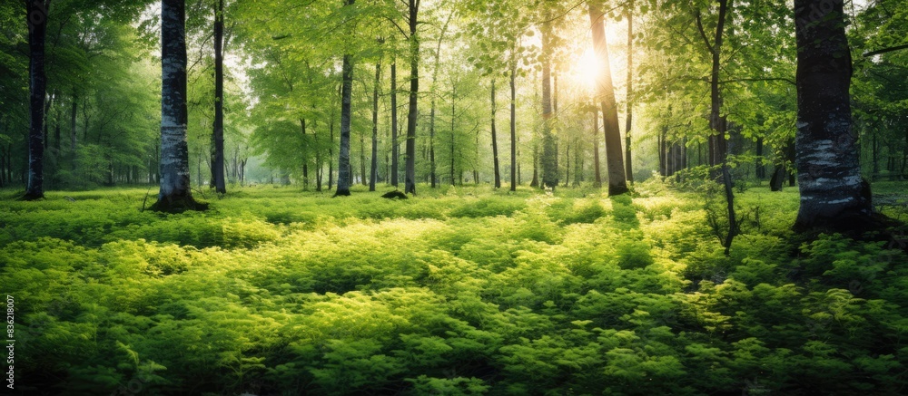 Poster Copy space image of summer forest and foliage with vibrant green trees on a white background for printing and web use.