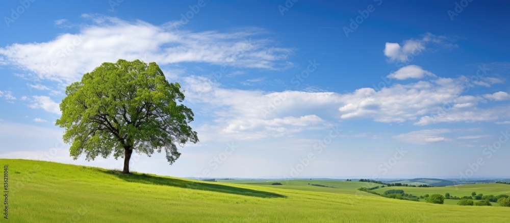 Poster lush green tree standing on a verdant meadow with ample copy space image available.