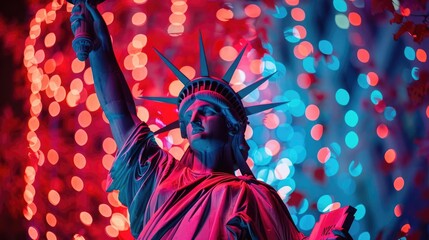 Patriotic Colors The statue against a background of red, white, and blue lights