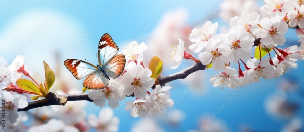 Poster spring background with a blossoming tree and butterfly in a blurred setting, perfect for a copy spac