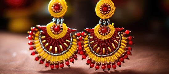 Handmade jewelry featuring red and yellow bead earrings shaped like hangers in a macro mode photo with copy space image.