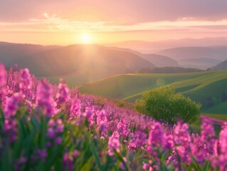 Obraz premium A serene sunrise over a vibrant meadow with purple flowers in Ederbergland, Hesse, Germany, enveloping the hills in a warm glow.