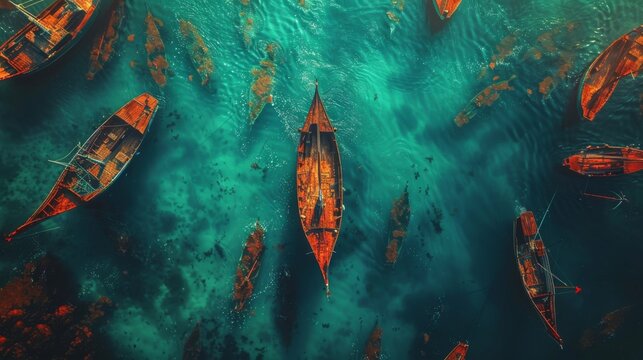 Aerial view of boats floating in a bay with clear turquoise waters.
