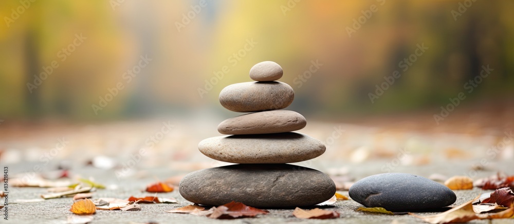 Poster serene and balanced image with smiling face cartoon and leaf on a stack of stable pebble stones. ref