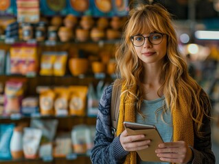 Young female potter with glasses, holding a tablet, stands in a pottery studio surrounded by shelves of ceramic wares.