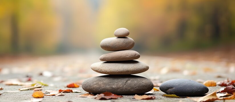 Serene and balanced image with smiling face cartoon and leaf on a stack of stable pebble stones. Reflecting mental health and positive mind practice in life with copy space image.