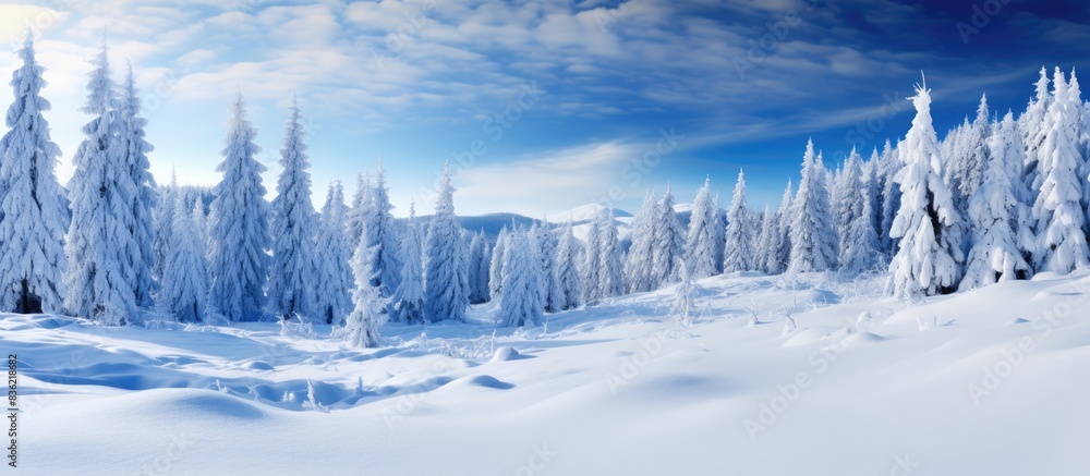 Poster a stunning winter scene with snow-covered spruce trees in sunny weather creating a picturesque setti